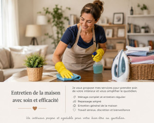 Photo de galerie - ? Un intérieur propre et agréable

Je vous propose mes services pour l’entretien de votre maison, avec sérieux, soin et discrétion.

✨ Ménage et entretien courant
? Repassage
? Entretien général de la maison
? Rangement et aide au quotidien

