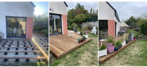 Photo de galerie - Réalisation d’une terrasse en pin traité autoclave classe 4, sur structure avec plots réglables. Fixation par visserie affleurante pour une finition soignée.  Fourniture et pose comprises.