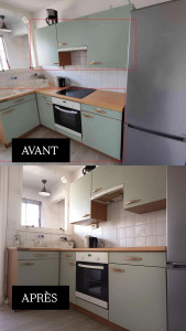 Photo de galerie - Remise en peinture des éléments de cuisine, surface préparer avec minutie, traitement du bois et mise en peinture sur 2 couches. 