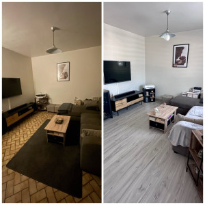 Photo de galerie - Pose d’un nouveau revêtement parquet . Le rendu apporte un style contemporain et met en valeur l’espace de vie.