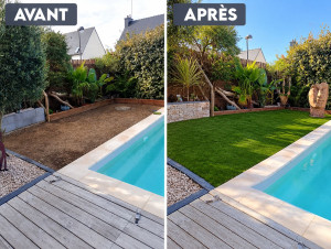 Photo de galerie - Préparation du terrain plus posé gazon synthétique ainsi que parement sur muret 