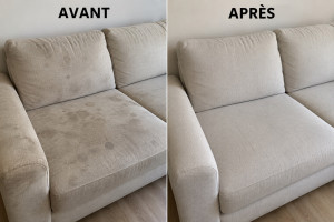 Photo de galerie - Nettoyage en profondeur d’un canapé en tissu : détachage, nettoyage et extraction des salissures pour raviver le textile.