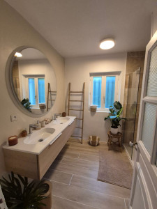 Photo de galerie - Pose meuble double vasque, miroir, paroi et colonne de douche