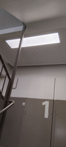 Photo de galerie - Câblage et pose de luminaires encastrés et détecteurs dans un hall d’escalier d’immeuble 