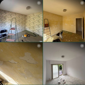 Photo de galerie - Dépose tapisserie, rebouchage des fissures, enduit complet et peinture blanche soignée. Rendu moderne et impeccable. #peinture #renovation #tapisserie #enduit #plâtrerie #artisan