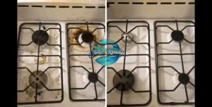 Photo de galerie - Nettoyage cuisine – Avant / Après.  Dégraissage complet des plaques de cuisson, élimination des taches et saletés incrustées.  Cuisine propre et prête à être utilisée.