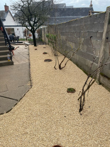 Photo de galerie - Pose de gravier et plantation d’arbustes de pot 