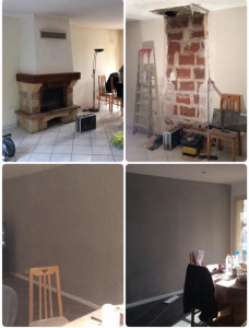 Photo de galerie - Démolition, cheminée, reprise des plâtres et finition avec un enduit décoratif ciré