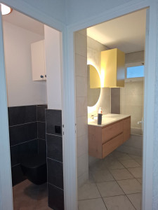 Photo de galerie - Rénovation salle de bain complet 
1 bâti suspendu geberit 
2 installation baignoire 
3 meuble le vasque 
4 miroir 
5 carrelage 
6 peinture 
7 placo 