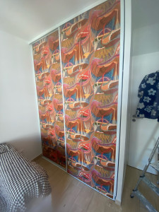 Photo de galerie - Pose de papier peint décoratif sur deux portes de placards 