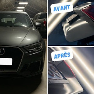 Photo de galerie - Avant / Après sur ce coffre de Audi RS3 réalisation sans refaire de peinture par technique de Debosselage sans peinture niveau expert dans se domaine 