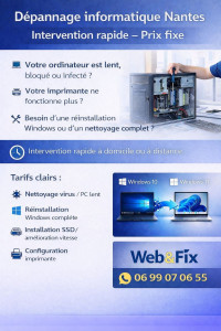 Photo de galerie - Dépannage informatique à Nantes – Web&Fix – assistance PC, suppression virus, réinstallation Windows, optimisation ordinateur lent et configuration imprimante. Intervention rapide à domicile ou à distance.