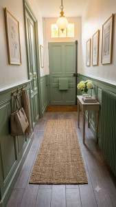 Photo de galerie - Une entrée avec des soubassements et portes avec une peinture velours en vert et c'e
ces murs d'un blanc cassé rayonne cette entrée