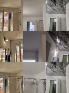 Photo de galerie - Rénovation de salle de bain affectée par l'humidité : traitement avec une peinture
 antifongique et un revêtement de plafond pour repousser l'humidité et prévenir les problèmes d'humidité. 