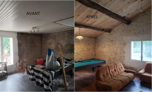 Photo de galerie - Renovation d'un salon avec reprise de la charpente de l'isolation et l'electricité. Déjointage et rejointage des pierres et pose d'un parquet massif.