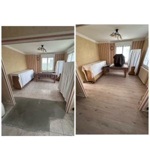 Photo de galerie - Ragréage puis pose d’un nouveau sol effet parquet. Résultat chaleureux et harmonieux qui modernise l’espace.