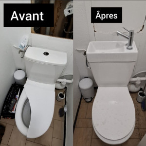Photo de galerie - Mise en place d’un WC avec lave-mains intégré au cabinet dentaire.