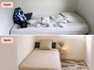 Photo de galerie - Avant / Après ✨ Remise en état d’un lit dans un studio avant location ? Espace nettoyé, rangé et prêt pour une remise de clés propre et accueillante 