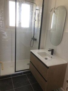 Photo de galerie - Rénovation complète une salle de bain transformation de la baignoire en douche italienne avec paroi de douche colonne de douche pose du carrelage au sol sur les murs pose d'un nouveau meuble vasque ainsi que d'un miroir peinture mur et plafond