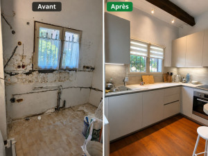 Photo de galerie - Dépose ancienne cuisine + saignées déplacement prises/interrupteurs électrique + déplacement arrivée d'eau en multicouche 