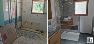 Photo de galerie - Transformation d’une salle de bain : Pièce entièrement à rénové avec douche à l’italienne avec paroi vitrée, meuble double vasque en bois naturel, carrelage contemporain aux tons gris. Une rénovation qui redonne toute sa valeur à la pièce !
