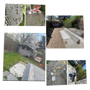 Photo de galerie - Enlèvement, préparation du sol, semer, rouler ,taille de haie ,nettoyage de 2m2 de nidagravel .pose de pas japonais.