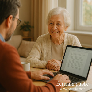 Photo de galerie - Ecrivain public aidant à la rédaction d'un courrier administratif ou personnel