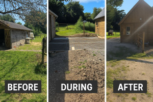 Photo de galerie - Création dalle béton avec caniveau 
et pose d'un drain