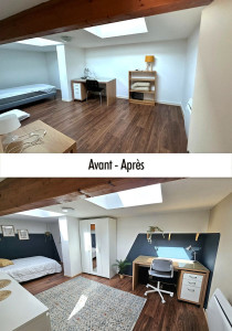 Photo de galerie - Chambre d’un appartement en location étudiante : conception du projet de décoration, réalisation des travaux, mise en place du mobilier et montage des meubles.