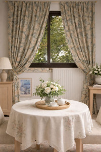 Photo de galerie - Décoration intérieur. 
rideaux nappe. 