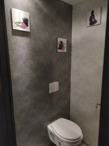 Photo de galerie - Pose de papier peint lavable dans un WC gris clair et gris foncé 