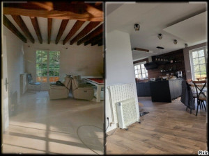 Photo de galerie - Réfection complète d'un sol en parquet, installation d'une cuisine, faux plafond, enduit et peinture. Electricité et plomberie.