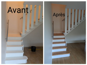 Photo de galerie - Reprise d'escalier bicolore ( bois /blanc)