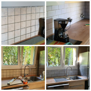 Photo de galerie - Pose crédence carrelage type métro.
