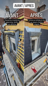 Photo de galerie - Chantier du jour avec EI Art Toit 57 ?
​Transformation complète d'une lucarne en Moselle !
​Avant : Structure à nu, membrane d'étanchéité et préparation de la charpente.
​Après : Habillage complet en ardoises, intégration de la fenêtre et zinguerie 