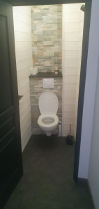 Photo de galerie - Pose toilette suspendu, avec pierres de parement et revêtement mural.