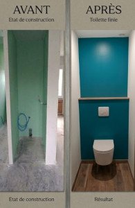 Photo de galerie - Réalisation complète du wc  pose tu wc coffrage bande ratissage poncage et peinture.