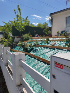 Photo de galerie - Pose de bâche géotextile sur une bûte qui
 avait déjà des rosiers.
Pose de bois pour maintenir les écorces de pin. 