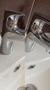 Photo de galerie -  avant / après intervention.  Le calcaire a été entièrement retiré pour retrouver une surface propre, brillante et sans traces. J’utilise des techniques adaptées pour préserver les matériaux tout en obtenant un résultat efficace.