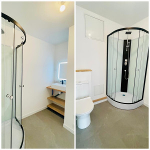 Photo de galerie - Création d'une salle d'eau :

- PLACO 
- PEINTURE 
- POSE REVETEMENT DE SOL PVC 
- INSTALLATION CABINE DE DOUCHE 
- INSTALLATION VASQUE + MIROIR
- INSTALATION WC 