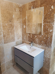 Photo de galerie - Rénovation, salle de bain, complète, faïence, travertin
