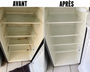Photo de galerie - ✨ Avant / Après ✨  Nettoyage intégral d’un réfrigérateur très sale avec remise en état des surfaces.  ✅ Retrait des étagères ✅ Nettoyage et désinfection intérieure ✅ Dégraissage des parois ✅