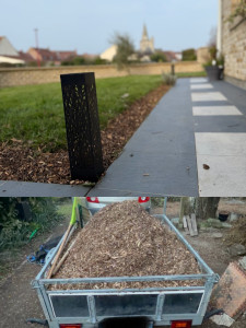 Photo de galerie - Transport de copeaux de bois et pose de paillage pour créer un espace propre et durable  