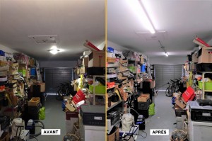 Photo de galerie - Amélioration de l'éclairage d'un garage : pose de 2 luminaires LED en remplacement de l'unique point lumineux existant.