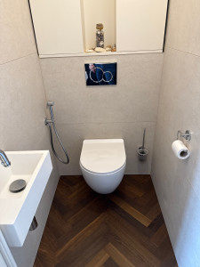 Photo de galerie - Création d’un toilette suspendue, Geberit avec Poste de Carrelage et parquet chevron massif 