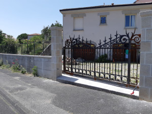 Photo de galerie - Portail en fer forgé coulissant et grille avec pointes fleur de lys dorée