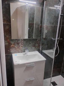 Photo de galerie - Rénovation complète de la salle de bain avec pose de meubles et miroir 