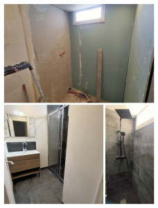 Photo de galerie - Rénovation complète d'une salle de bain en
 suite d'un dégât des eaux.
Plomberie/plâtrerie/carrelage/peinture/montage de meubles.