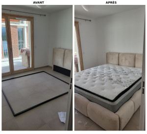 Photo de galerie - Montage d'un lit coffre avec sommier et mise en place du matelas.