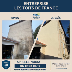 Photo de galerie - ? **Avant / Après – Ravalement de façade avec protection hydrofuge**

Découvrez le résultat d’un ravalement de façade réalisé par **LES TOITS DE FRANCE**.

Après préparation et nettoyage du support, nos équipes appliquent une **peinture de façade hydrofu